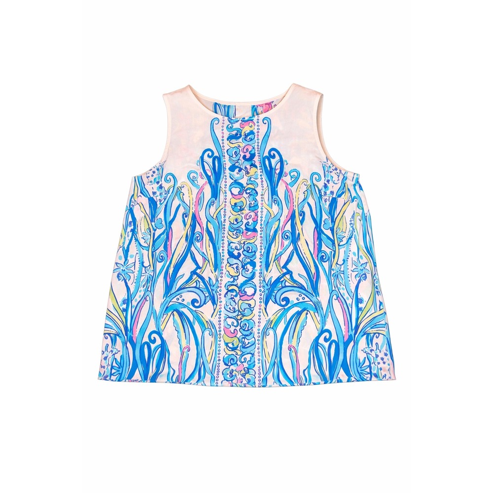 Lilly Pulitzer Womens Silk Sleeveless Button Back Blouse Blue Pink Print Large‎